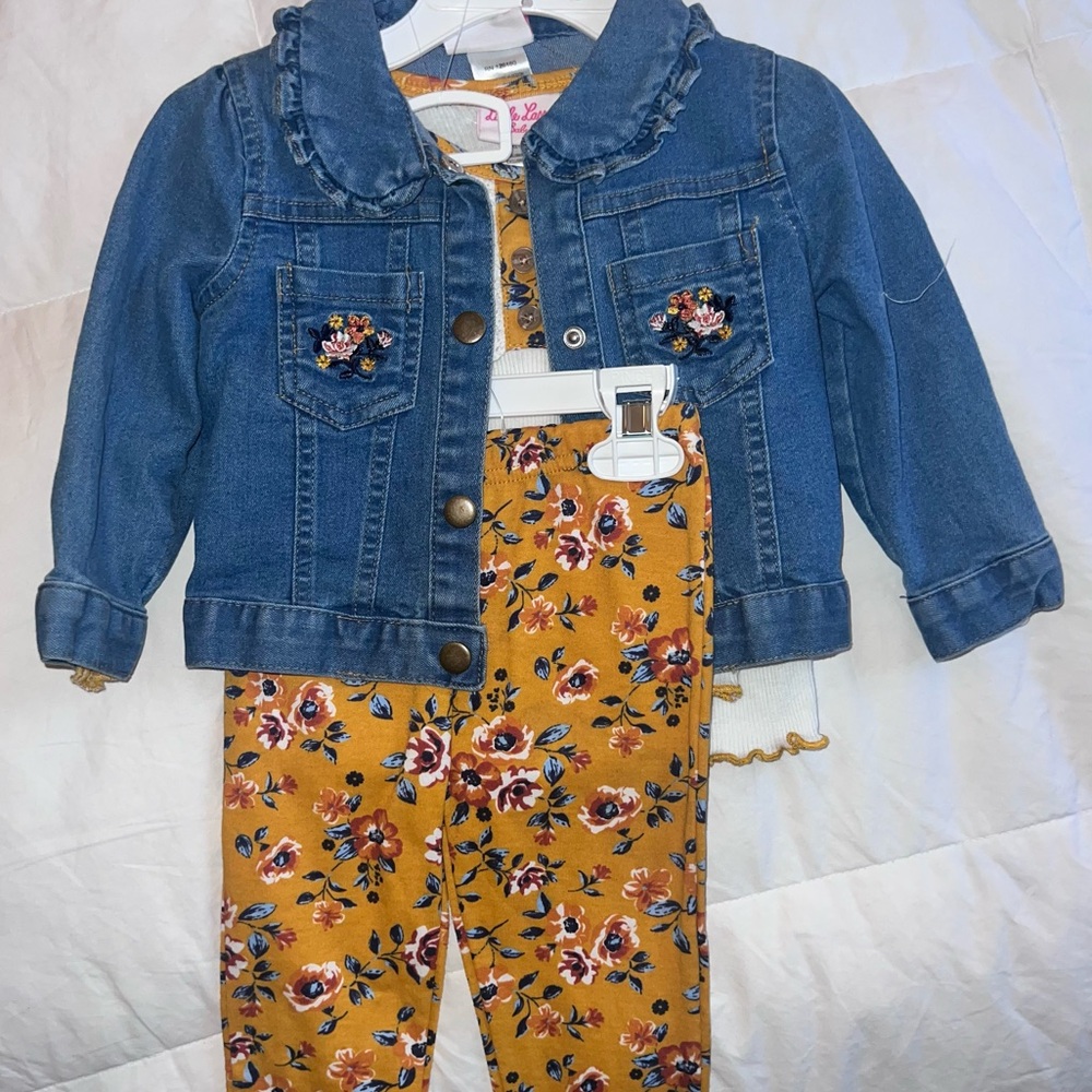 3 piece outfit, includes matching leggings, top, and jean jacket
